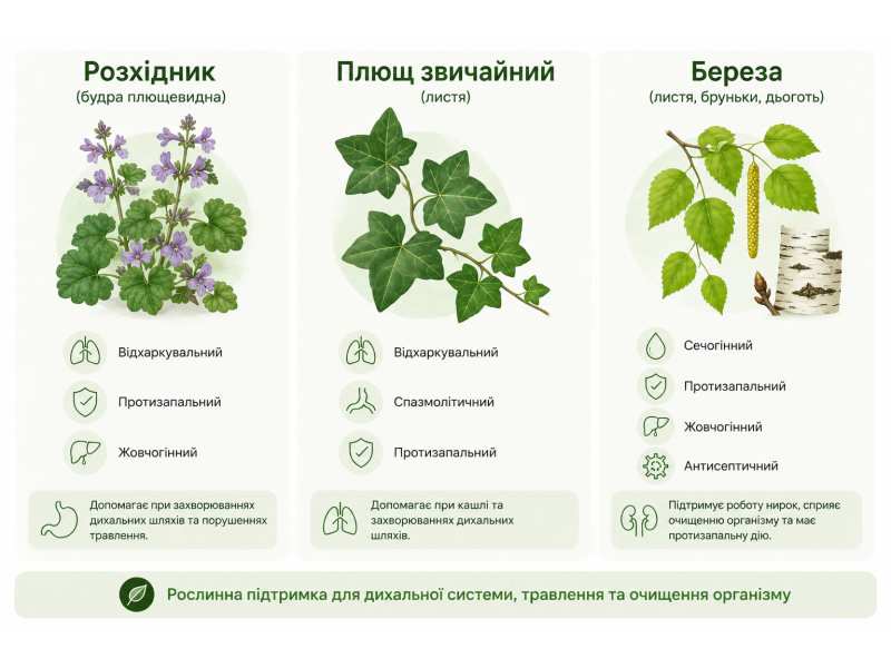Розхідник, плющ та береза – препарати від кашлю, для очищення організму та нирок