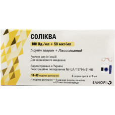 СОЛІКВА р-н д/ін. 100 ОД/мл + 50 мкг/мл №3 картридж 3 мл. вмонт.в шприц-ручку без голки <INS> САНОФІ