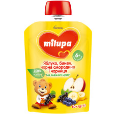 ПЮРЕ MILUPA Яблуко Банан Чорна смородина і чорниця 80г