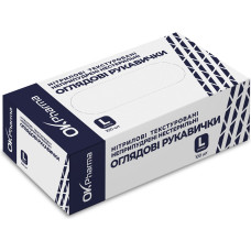 Рукавички оглядові OK Pharma нітрилові без пудри, текстуровані, нестерильні, розмір М, 100 штук